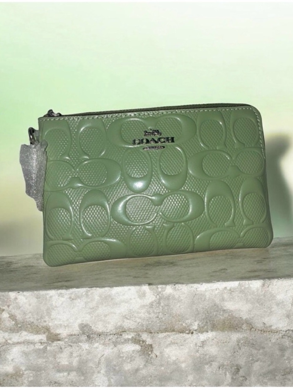 Coach Olive Green Embossed Signature Wristlet